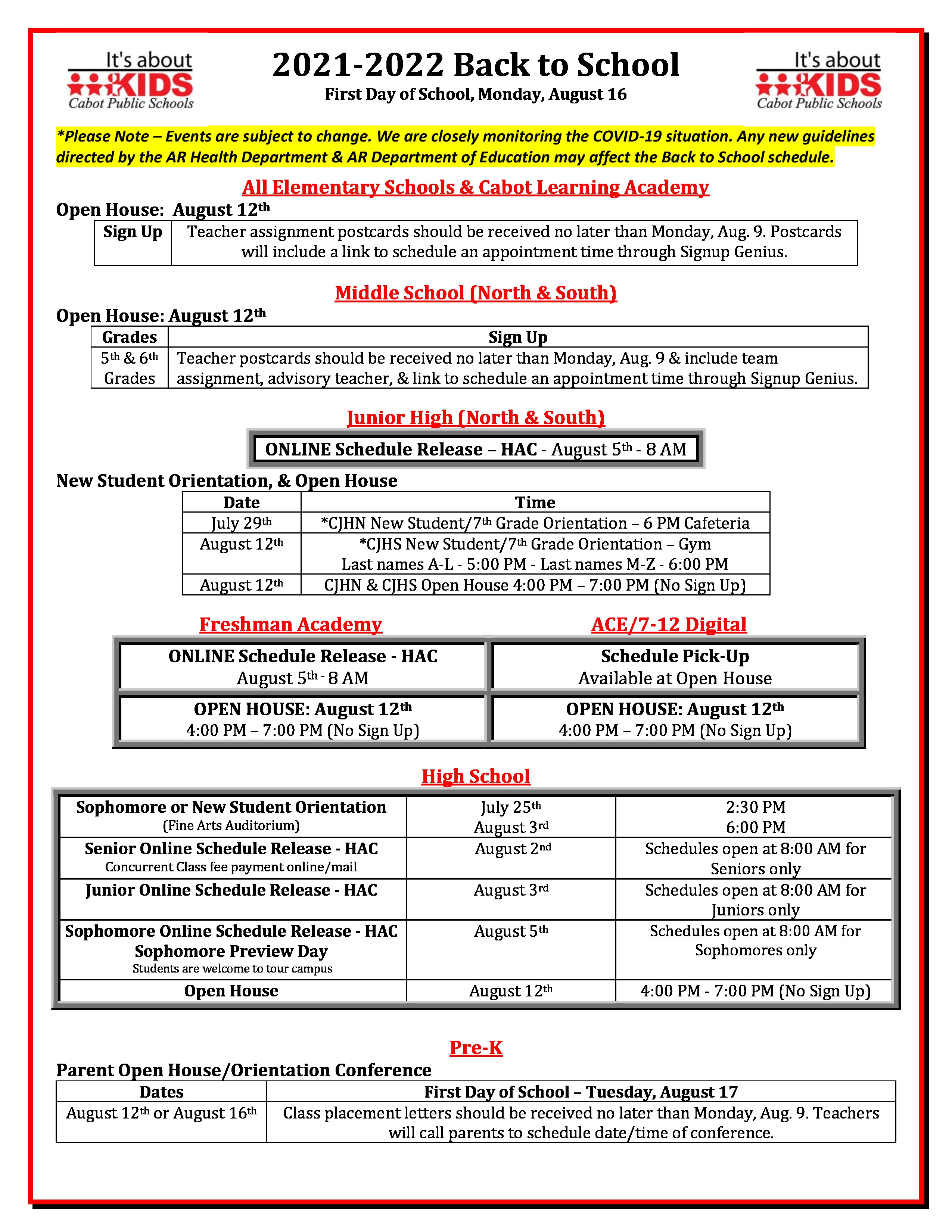 Back to School Schedule